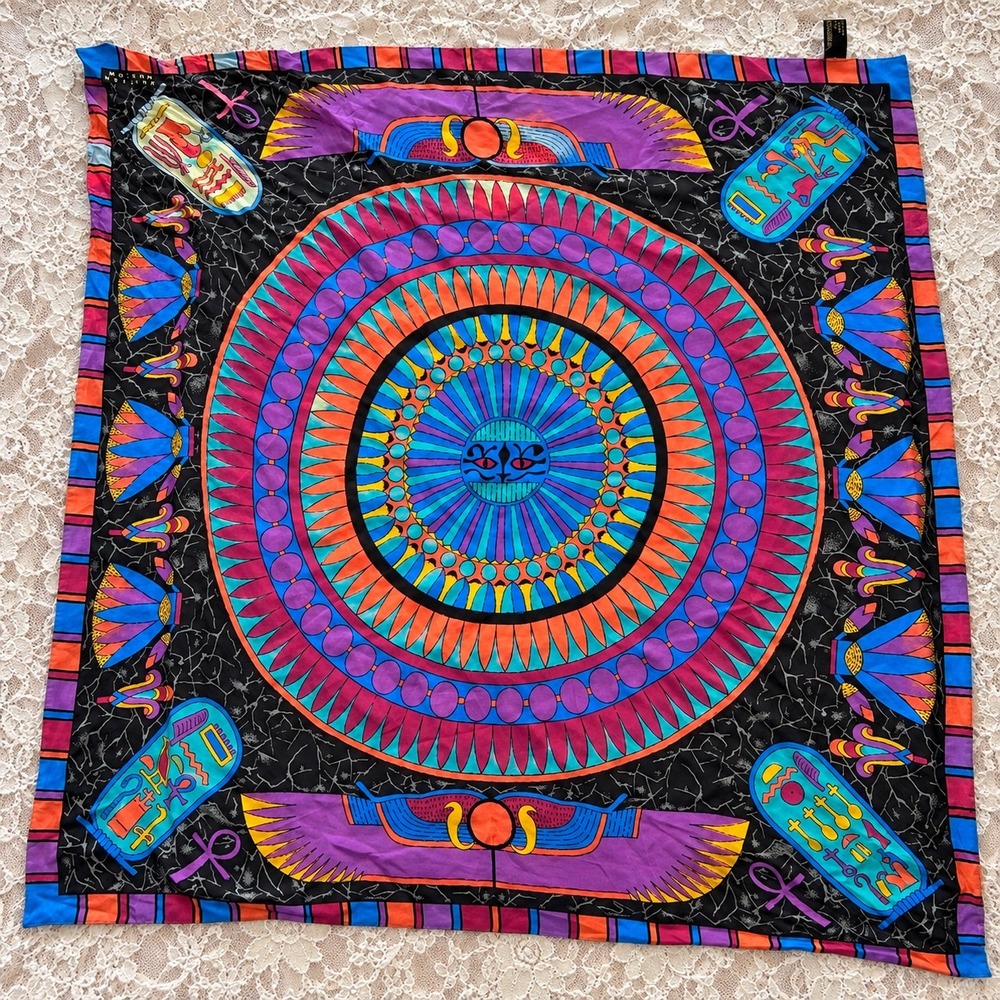 Vintage 100% Silk Scarf Egyptian Mandala Made Japan 90s Boho Eclectic Dopamine